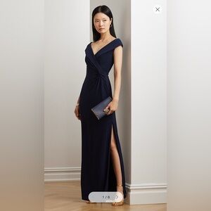 NWT Lauren Ralph Jersey Off-the-Shoulder Side-Slit Column Gown Dress‎ Cocktail